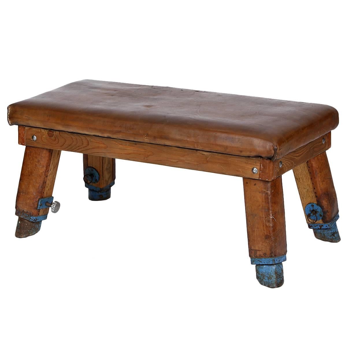 Czech Leather and Wood Gym Bench from the 1930s