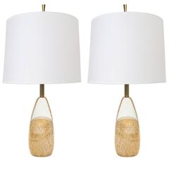 Pair of Scandinavian Modern Crystal Lamps with Gold Flecks from Marconi, Ronneby