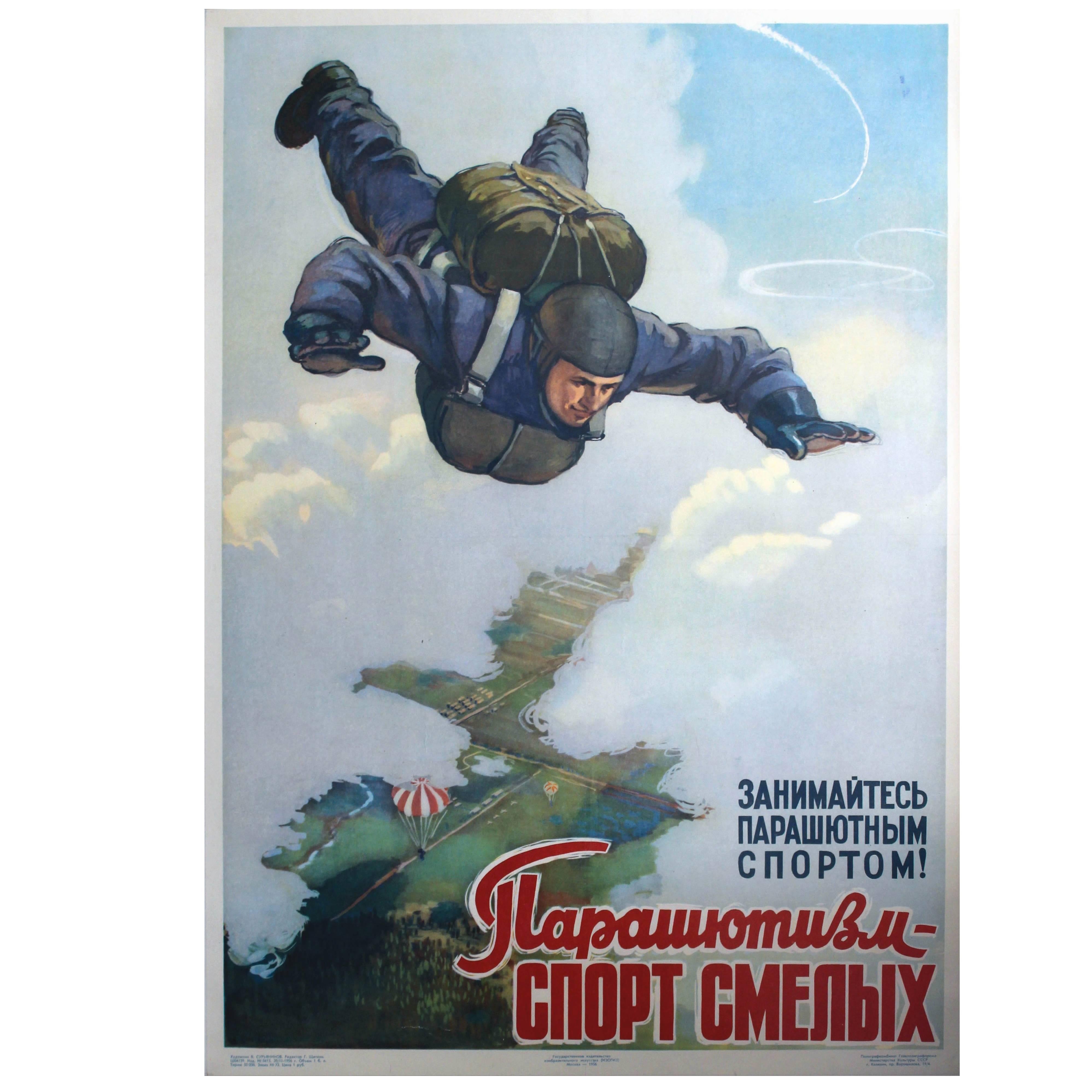 Original Vintage Soviet Poster Featuring Parachute Jumpers "Sport For The Brave"