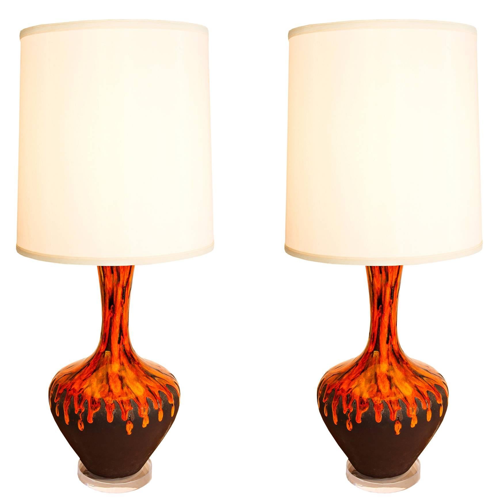 Pair of Tall Orange Drip Glaze Table Lamps For Sale