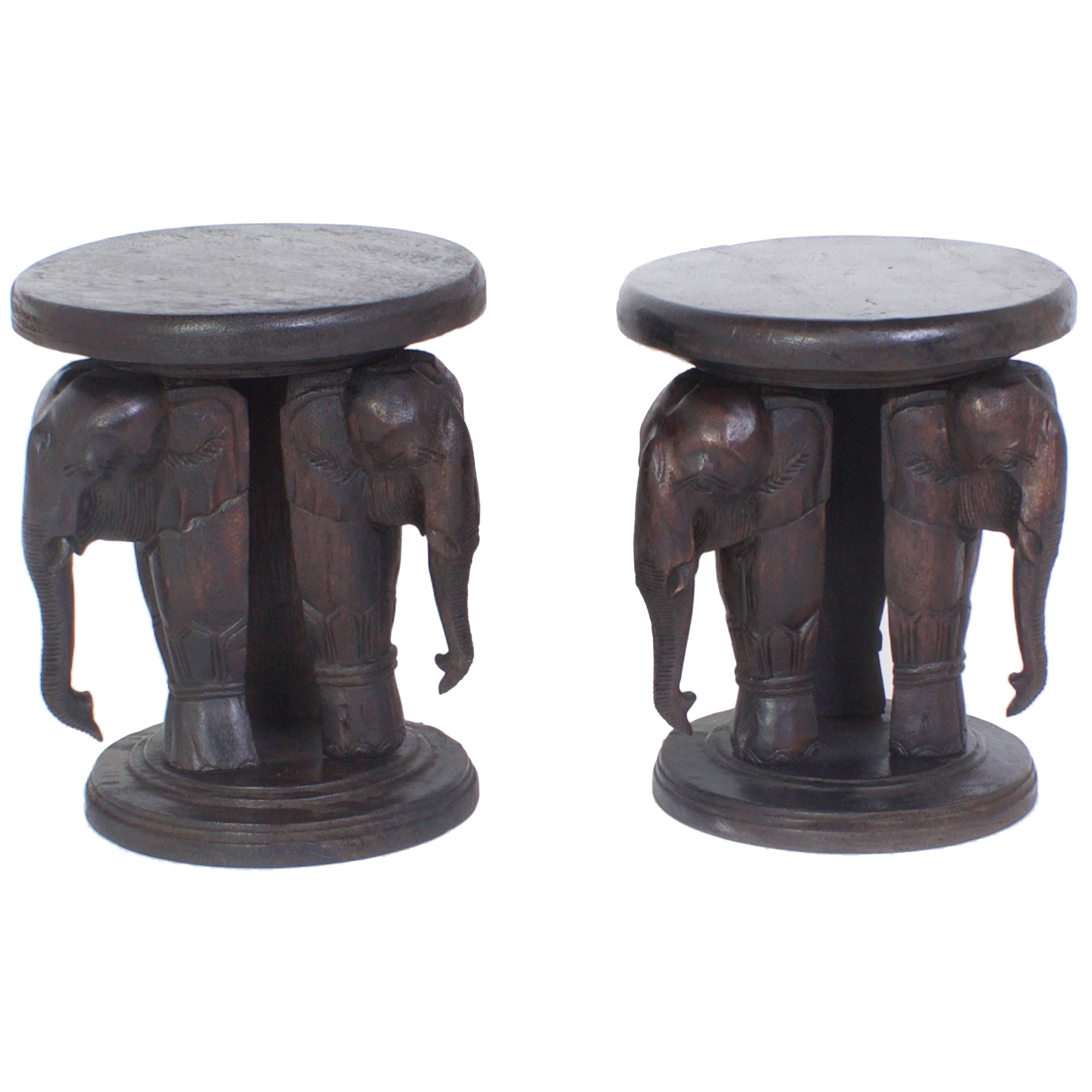 Pair of Elephant Tables, Carved Hardwood Anglo-Indian Style with a Folky Vibe