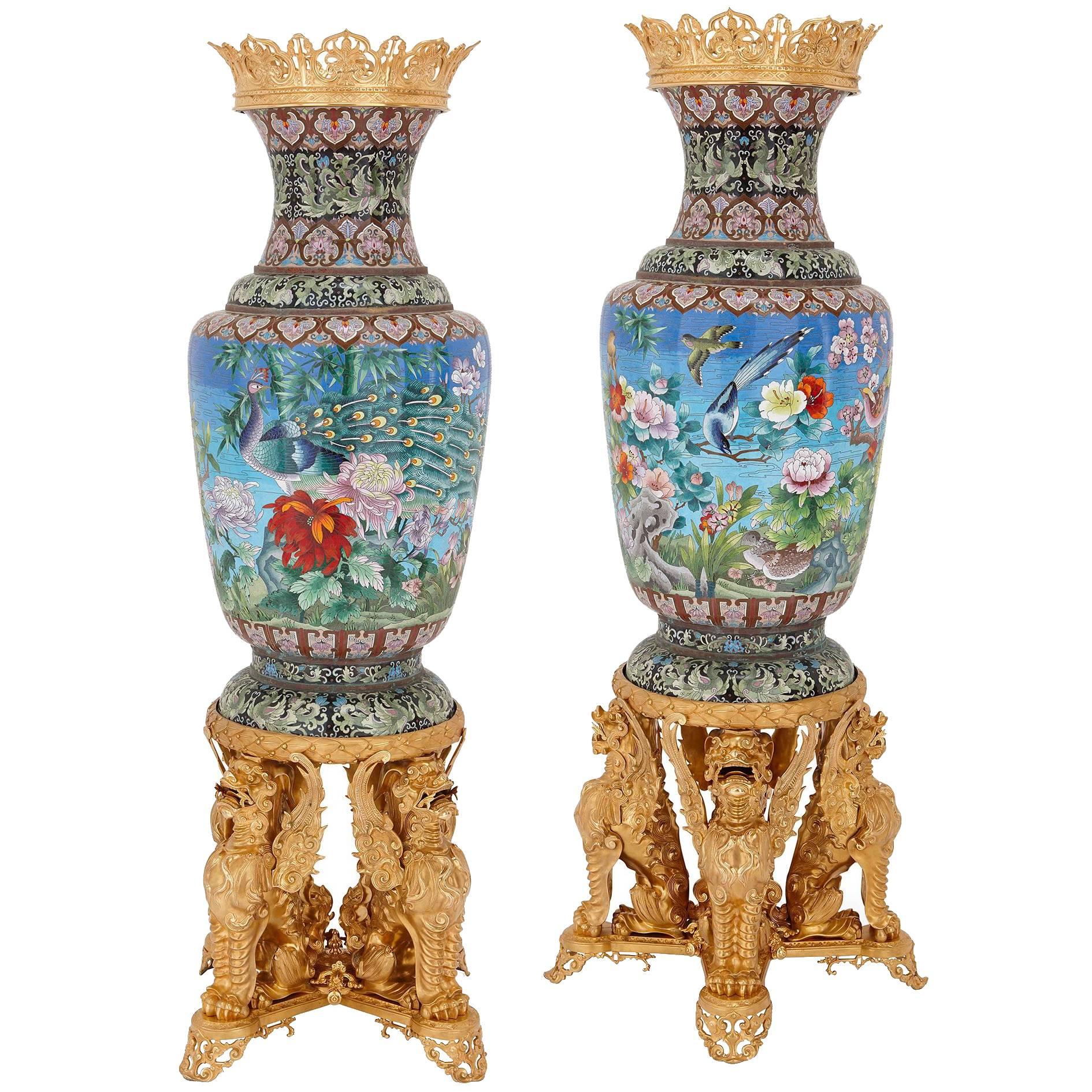 Pair of Very Large Ormolu Mounted Chinese Cloisonné Enamel Vases