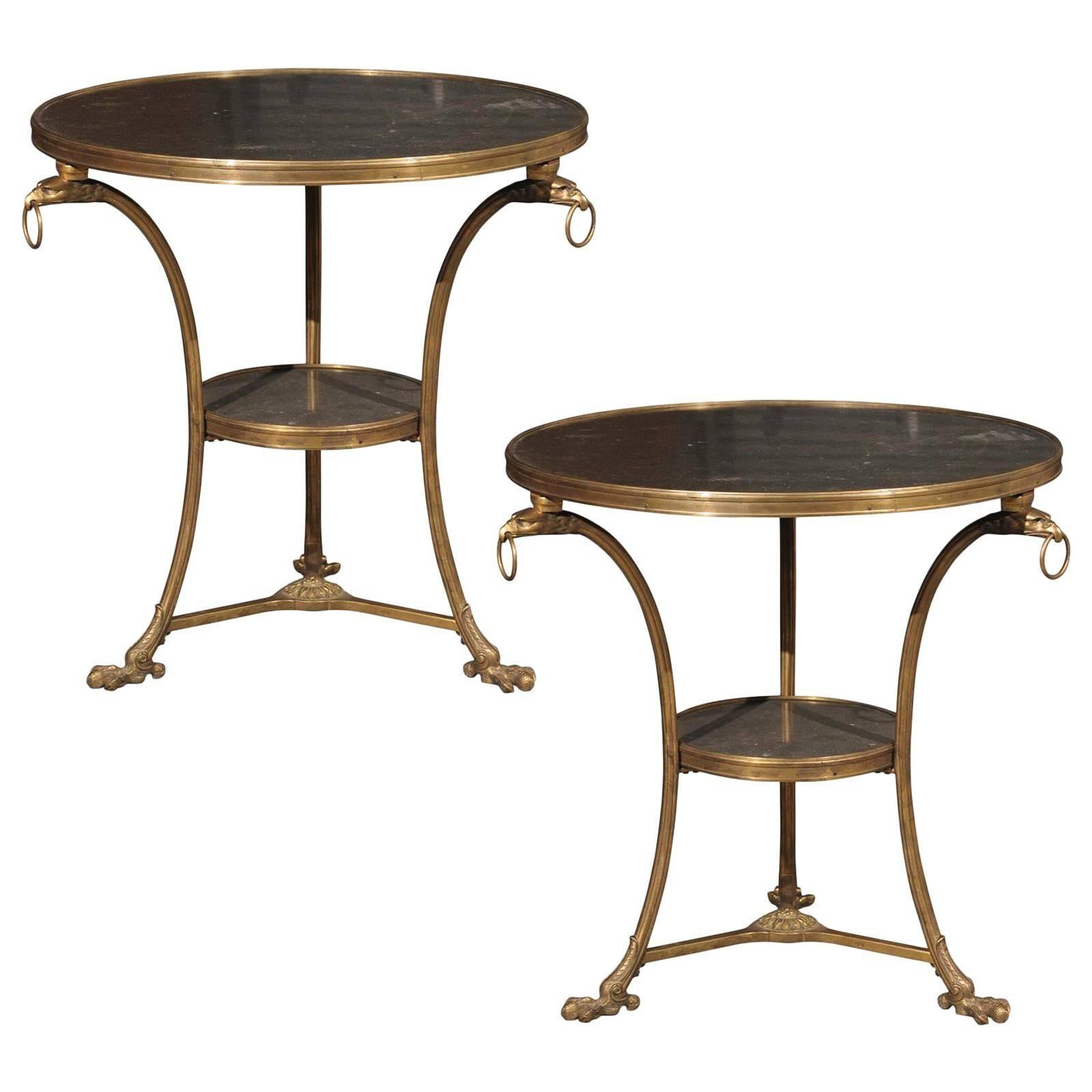 Pair of Gilt Bronze Continental Gueridon Table with Marble Tops