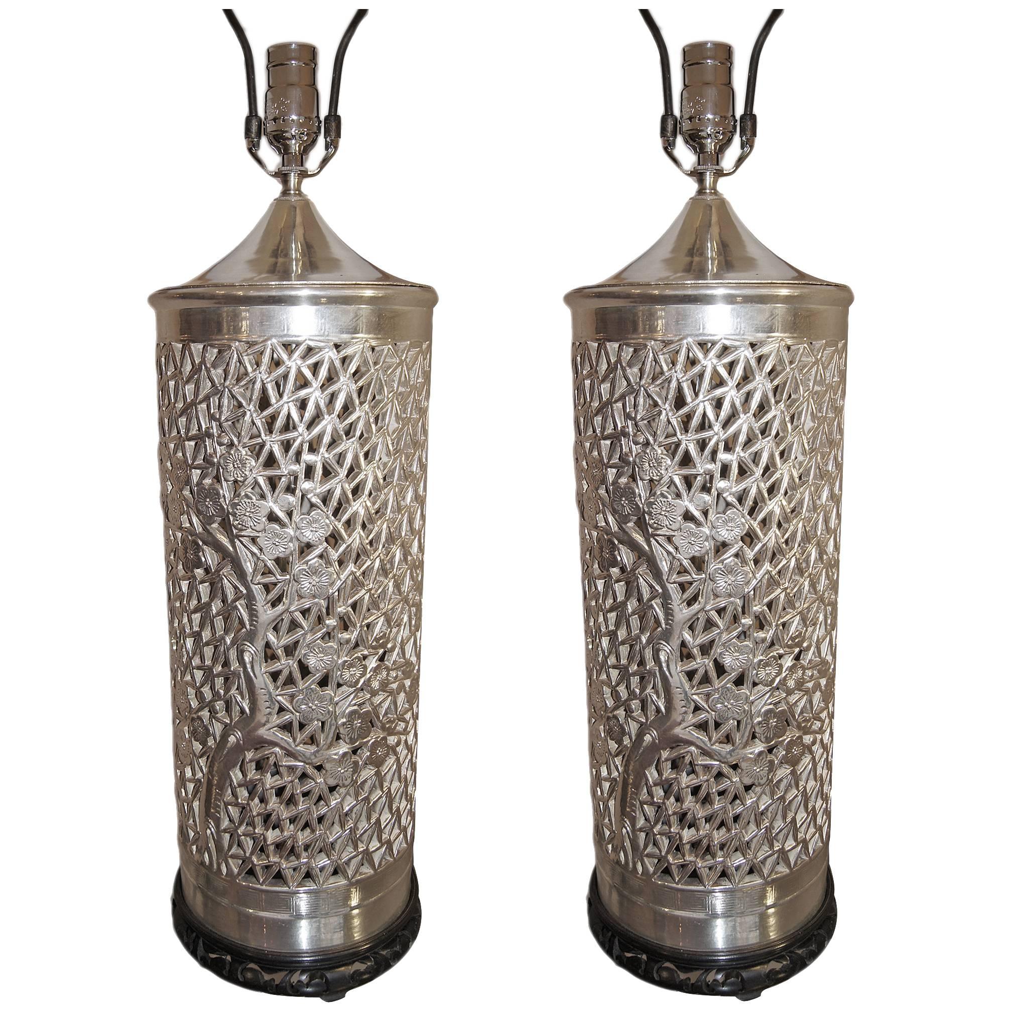 Pair of Silver Plated Chinoiserie Table Lamps