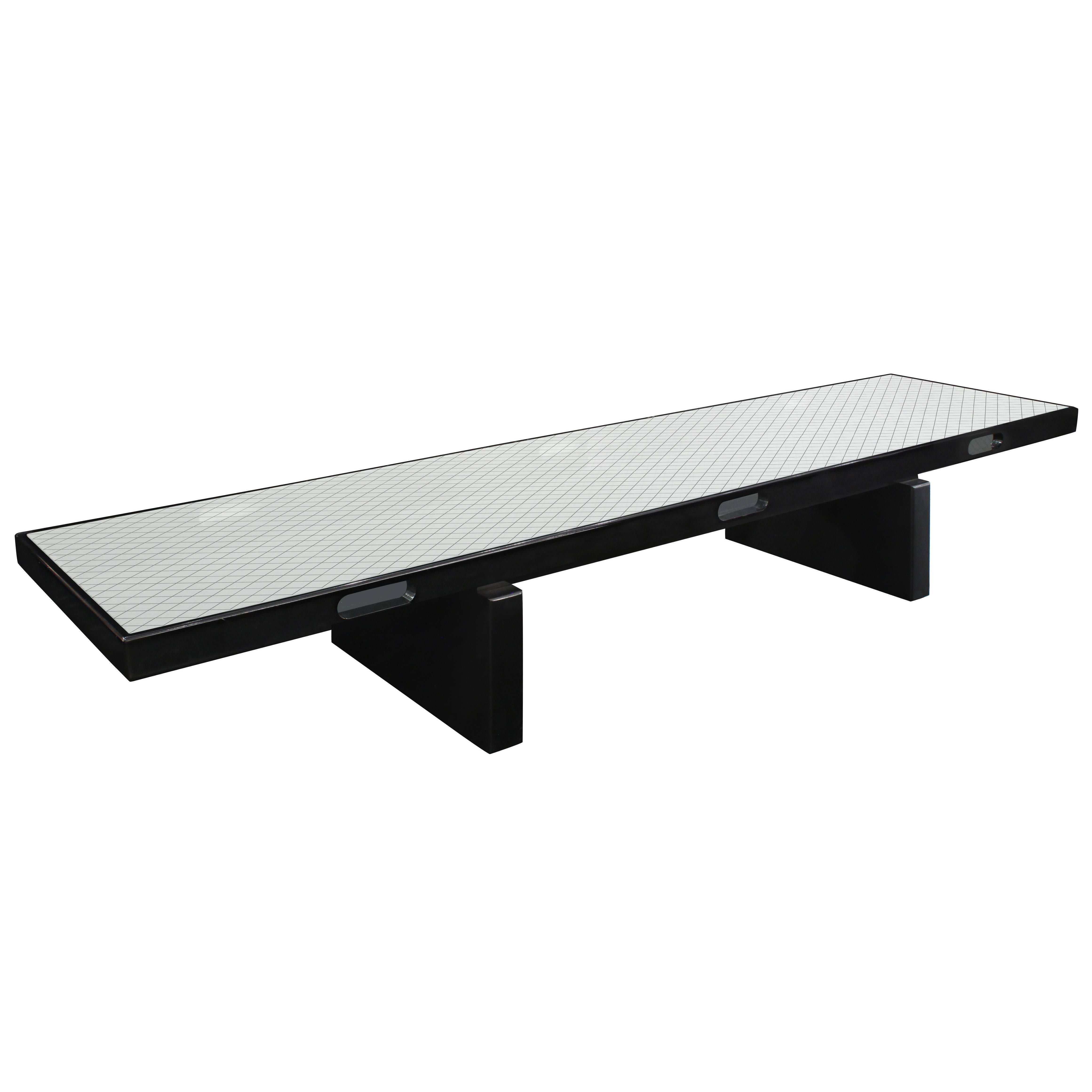 Long Coffee Table in Black Lacquer with Inset Wire Glass Top by Juan Montoya