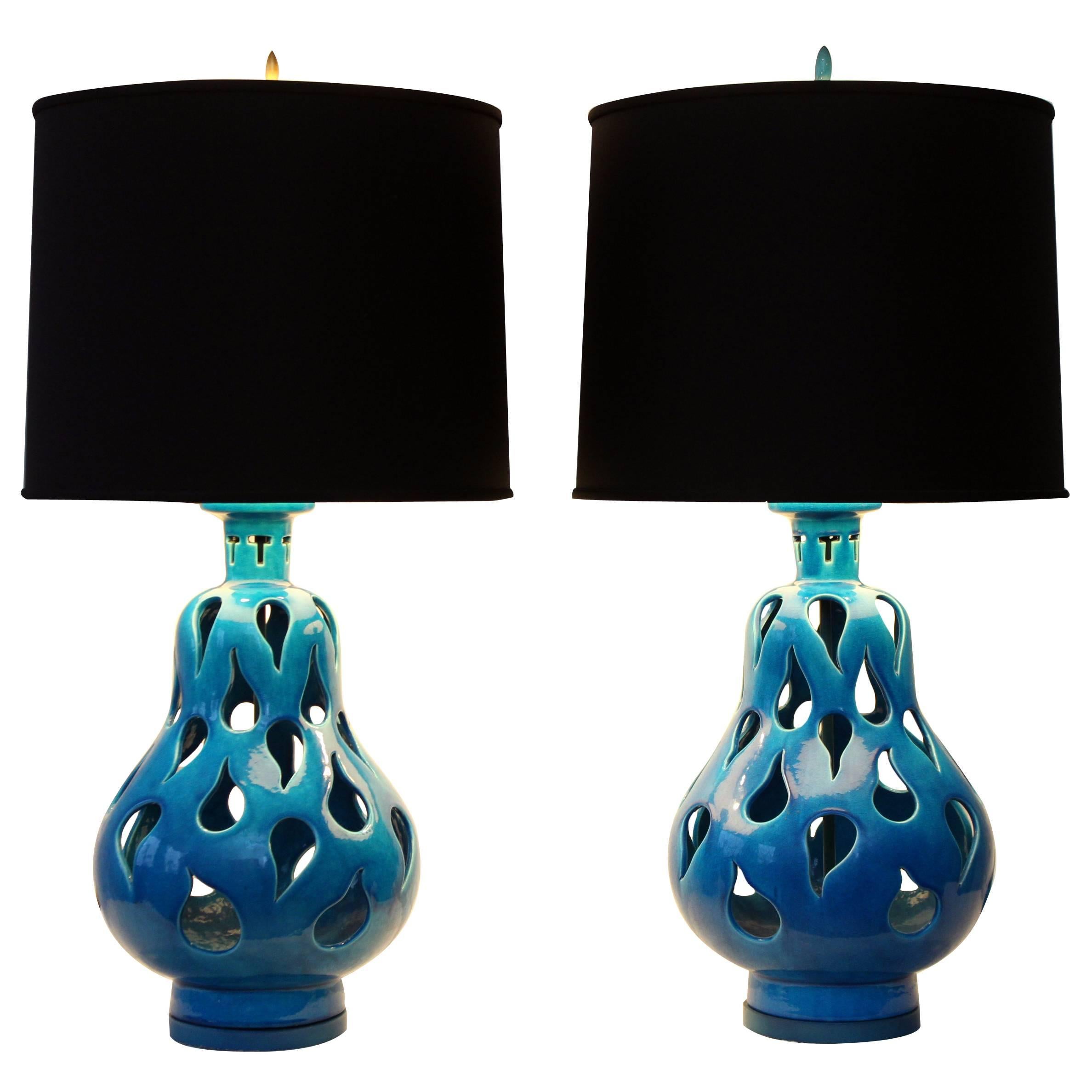 Hermes Blue Paisley Cut-Out Italian Table Lamps