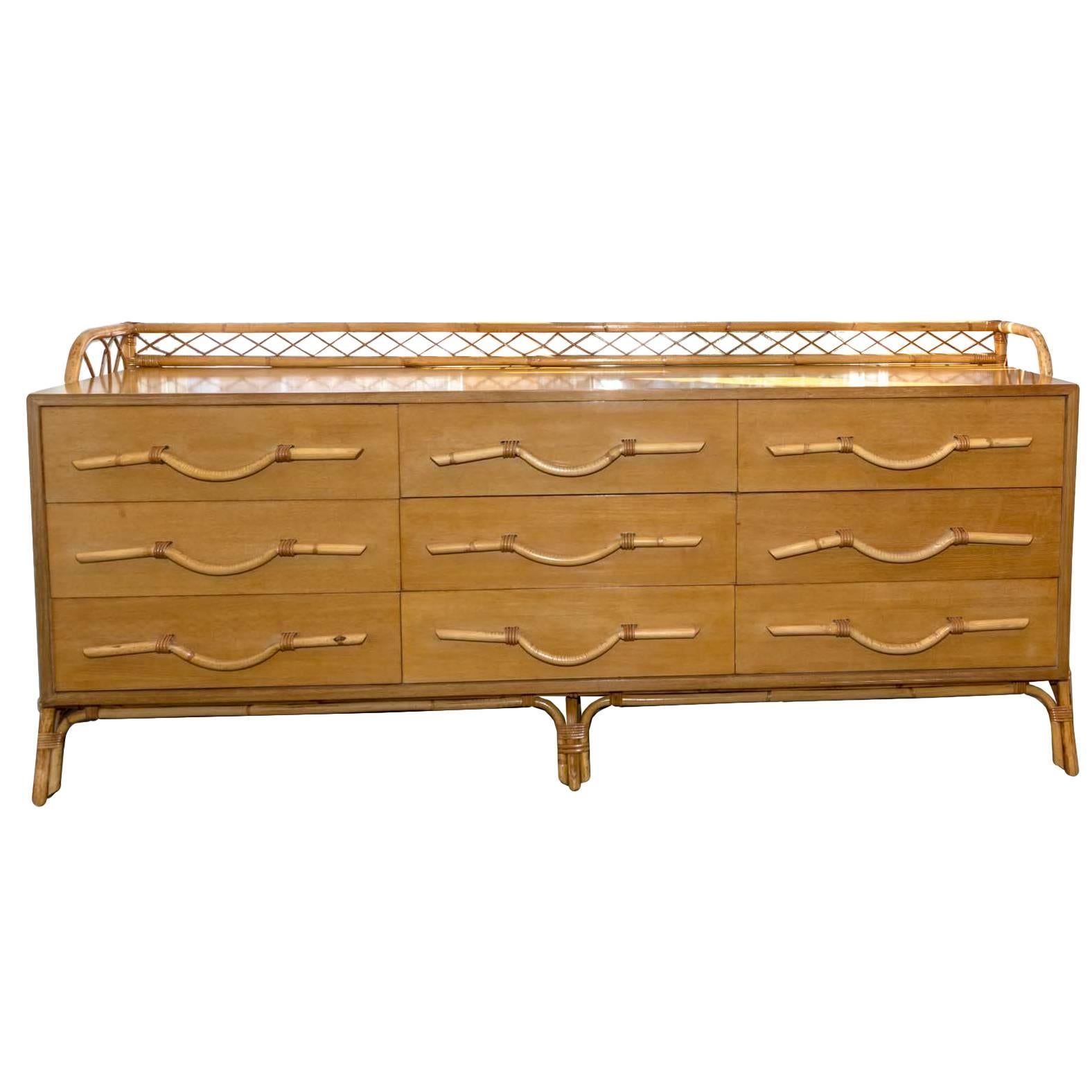 Bamboo Nine-Drawer Credenza with Unique Bamboo Detail