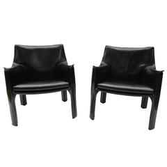 Pair of Black Leather Cab Lounge Chairs by Mario Bellini for Cassina