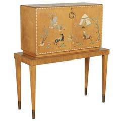 Bar Cabinet Drop-Leaf Door Poplar Beech Brass Glass, Italy, 1950s