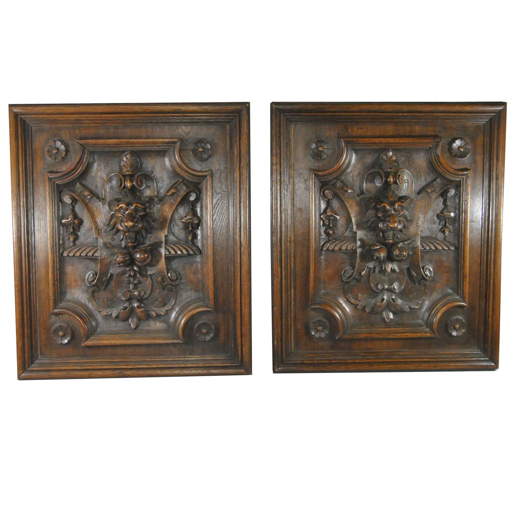 Tudor Style High Relief Carved Oak Panels with Lions Heads and Fruit