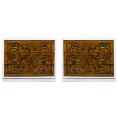 Pair of Mid-Century Modern Campaign Chests with Burl Fronts