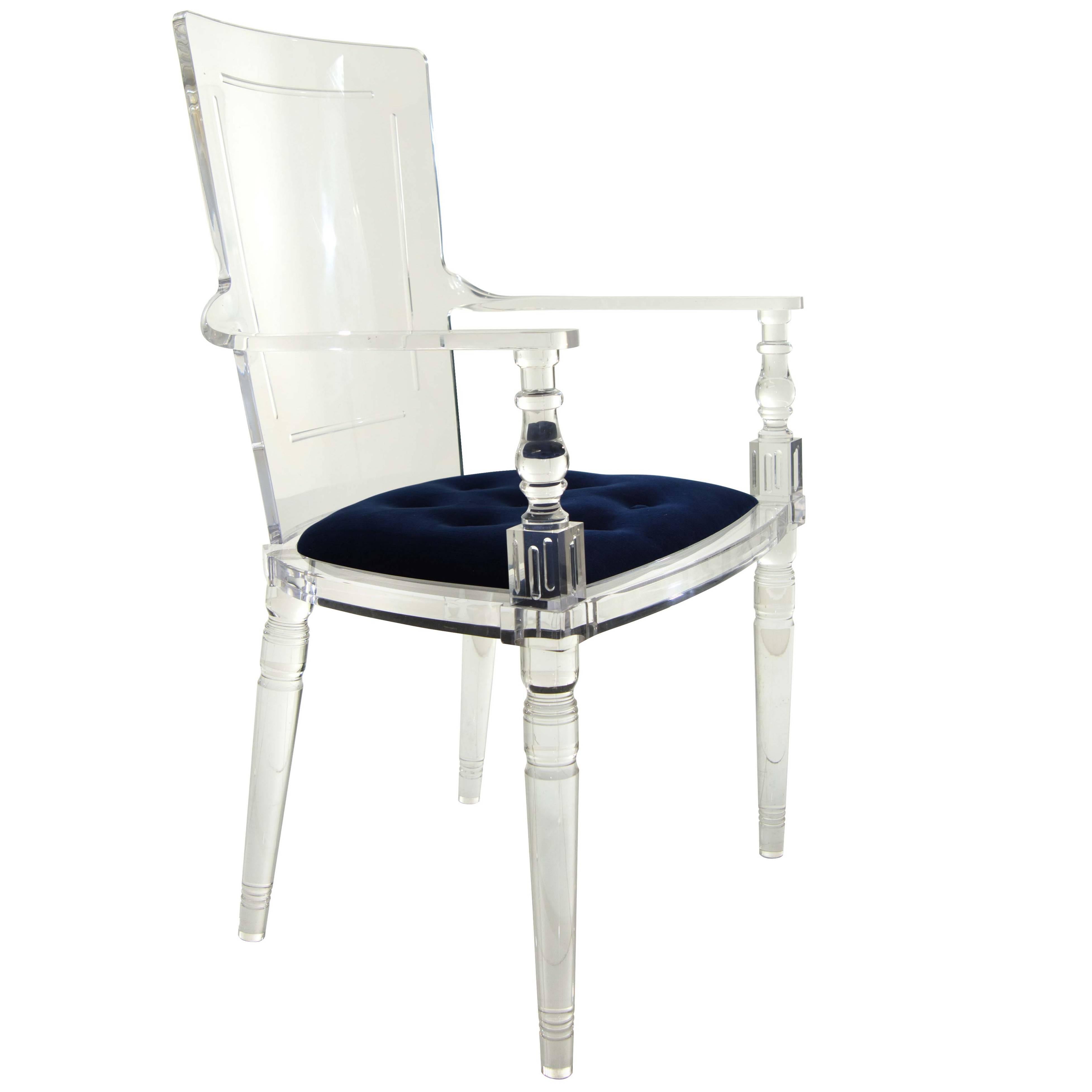 Modern Style Lucite Dining & Accent Chair with Navy Blue Velvet Upholstery