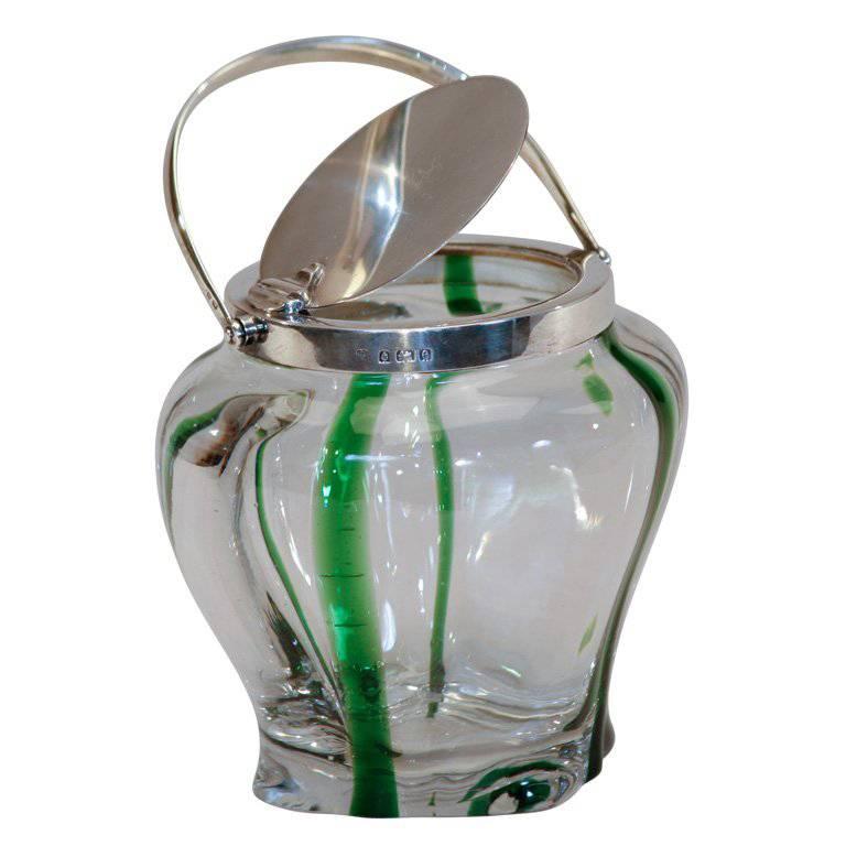 Stevens & Williams Crystal & Green Biscuit Barrel Sterling Silver Lid & Handle For Sale