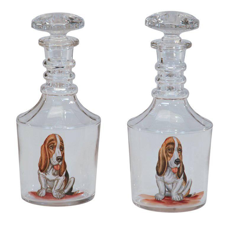 Mold Blown Crystal Decanters with Hand-Painted Dogs For Sale