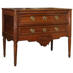 French Louis XVI Style Walnut Two-Drawer Commode With Cartouche Motif