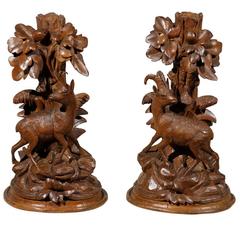 19th Century Pair of Black Forest Stag-Form Candlesticks