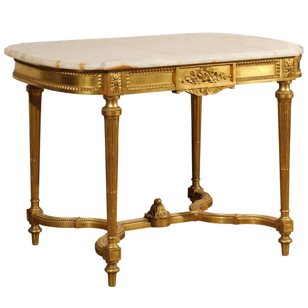 French 19th Century Louis XVI Style Onyx Top and Giltwood Center Table