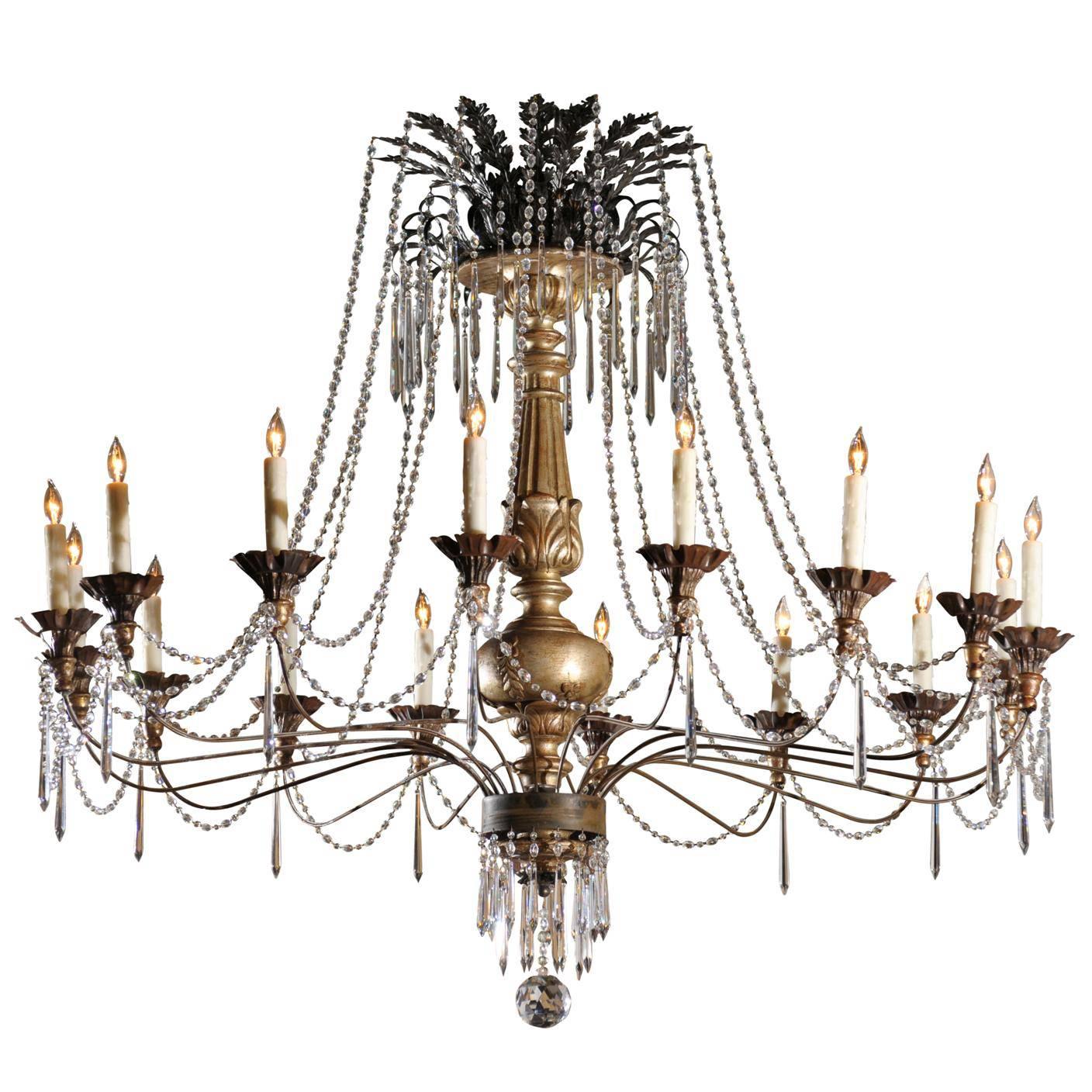Continental Giltwood and Silver Gilt Pricket and Crystal 16-Light Chandelier