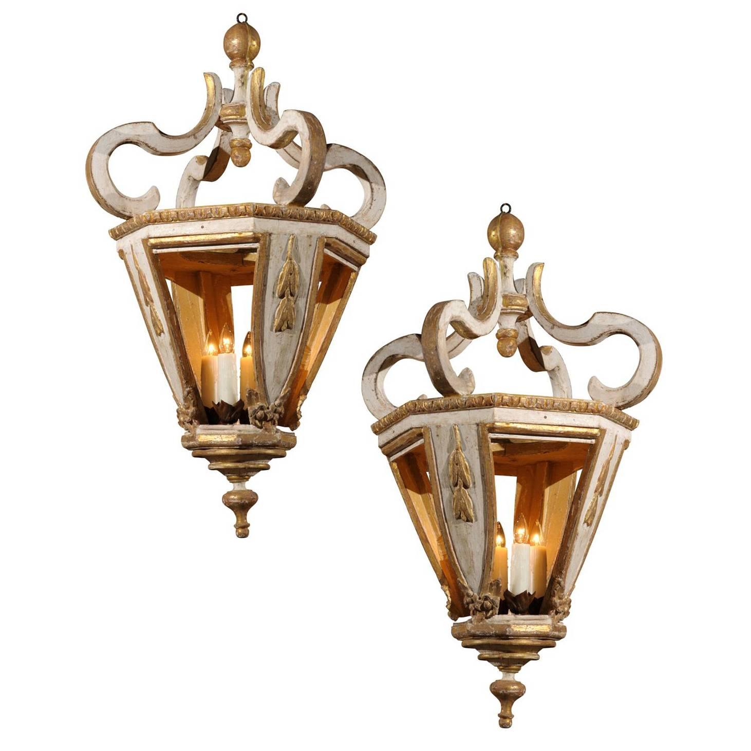  Italian Baroque Style 19th Century White and Gold Hanging Lanterns For Sale