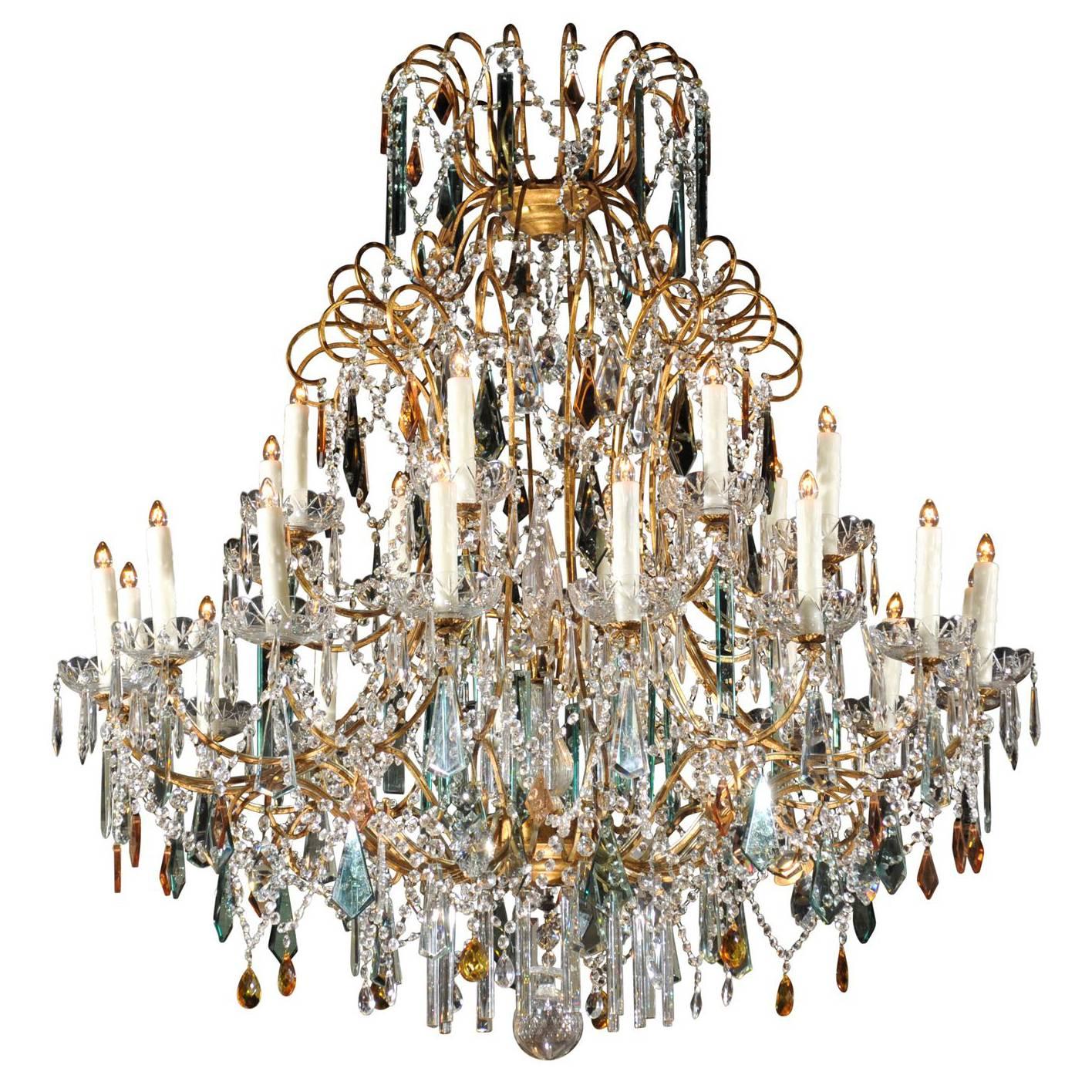 Continental Italian 24-Light Gilt and Crystal Chandelier with Colored Prisms 