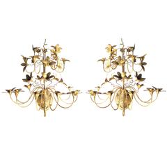 Vibrant Pair of French 1920s Gilt-Tole 14-Light Sconces