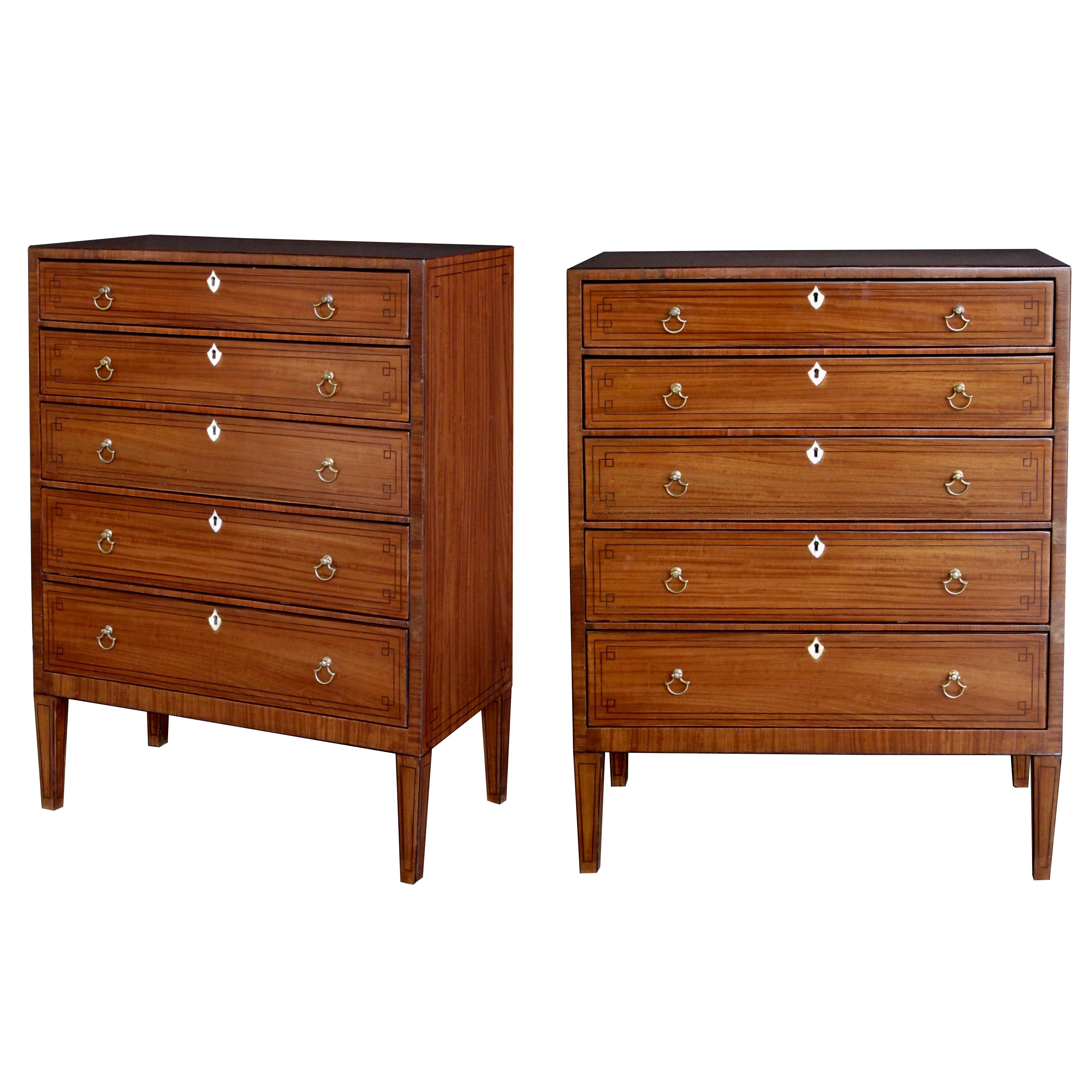 Tailored Pair of English Edwardian Tiger-Mahogany Five-Drawer Bedside Chests