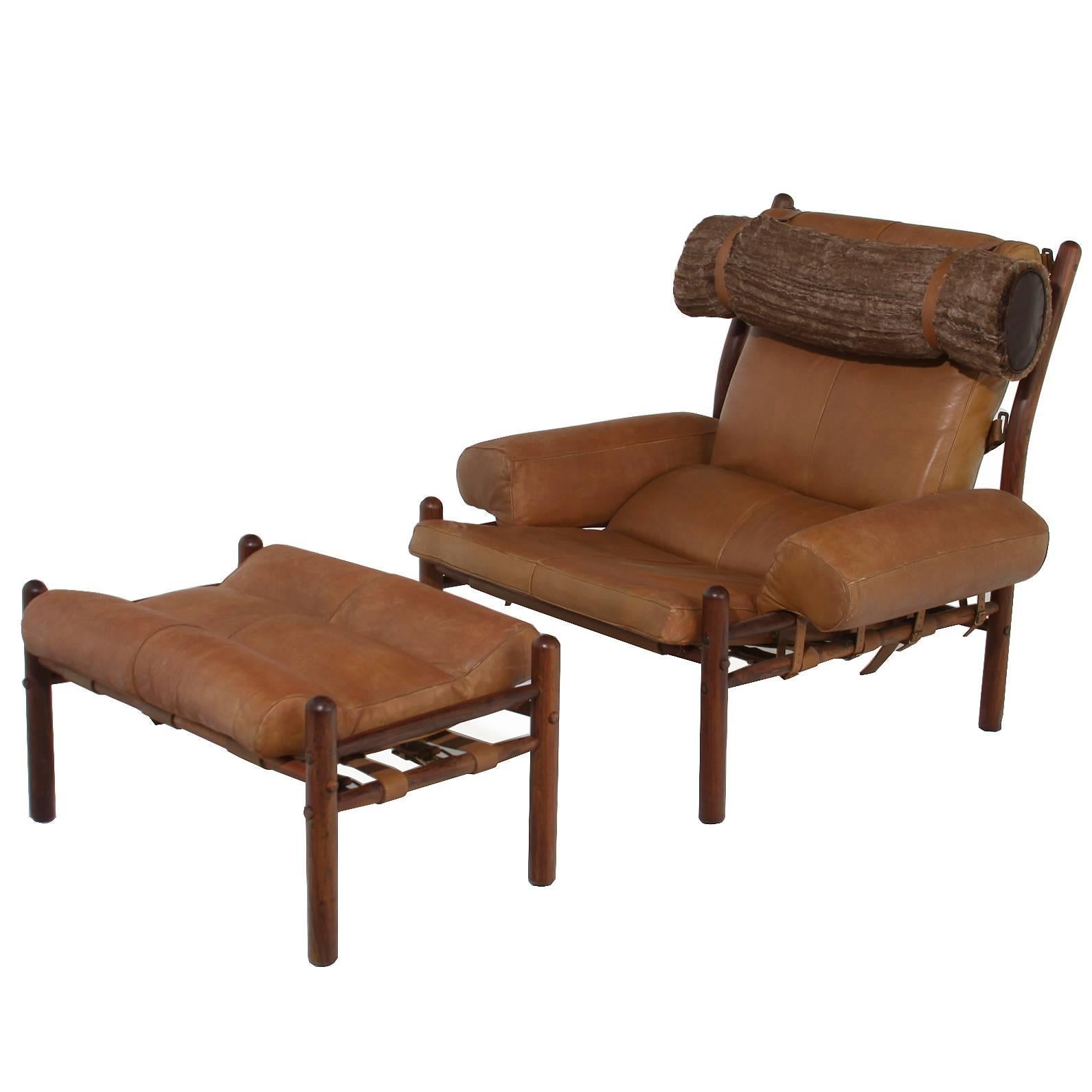 Armchair and Ottoman with Cognac Leather and Faux Fur Pillow by Arne Norell