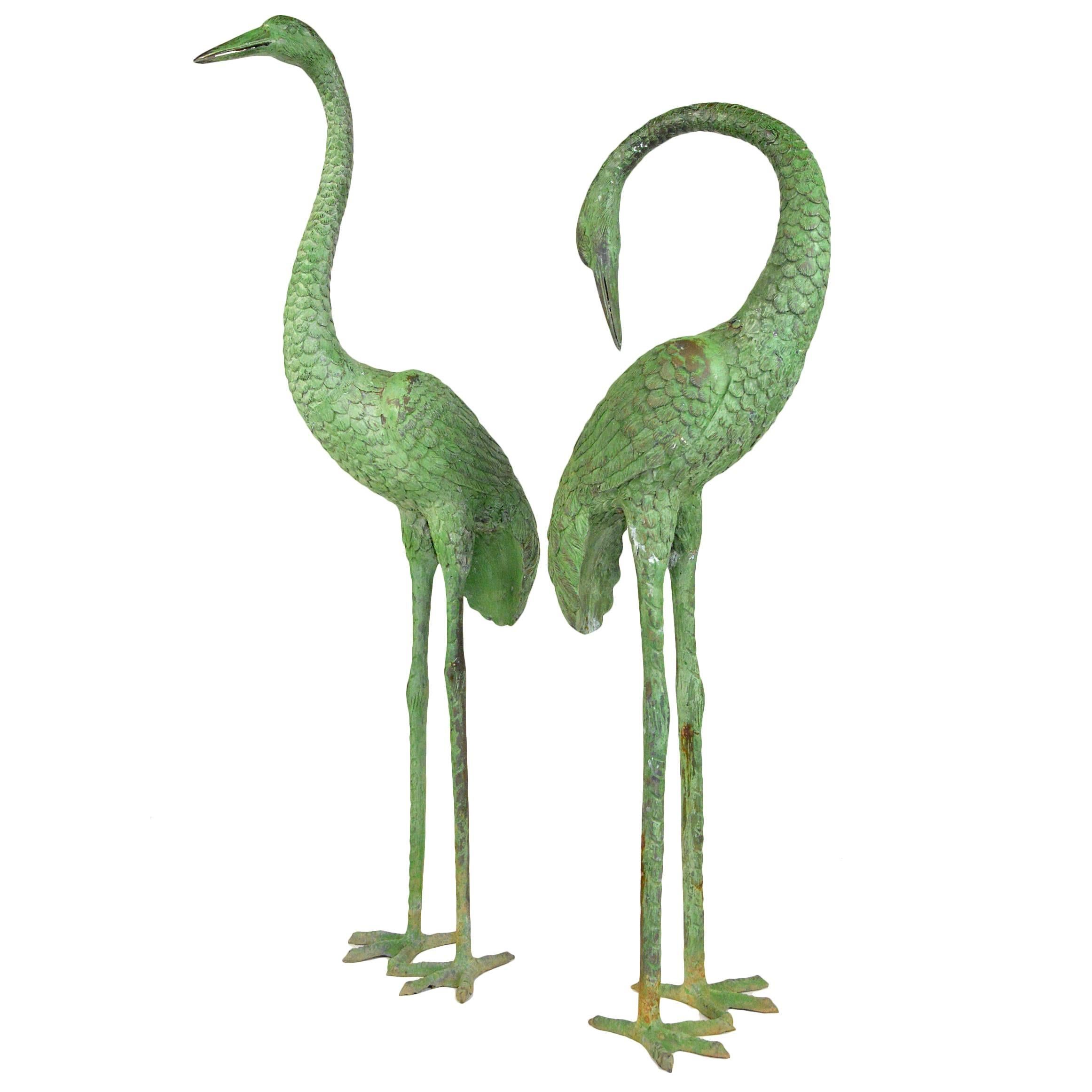 Pair of Patinated Bronze Garden Cranes