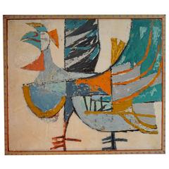 Picasso-Esque Painting Dated 1957 Oil on Board with Painted Wood Frame