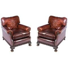 Antique English Victorian Pair Leather Armchairs, circa 1880