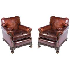 Antique English Victorian Pair Leather Armchairs, circa 1880