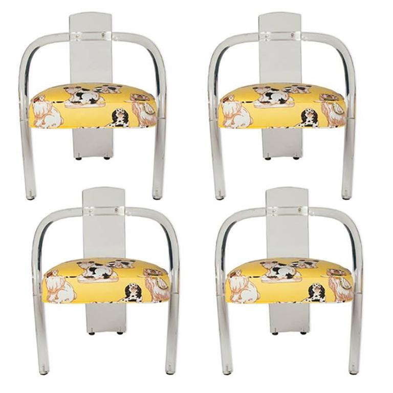 Lucite Chairs in Dorothy Draper Staffordshire Dog Fabric, by