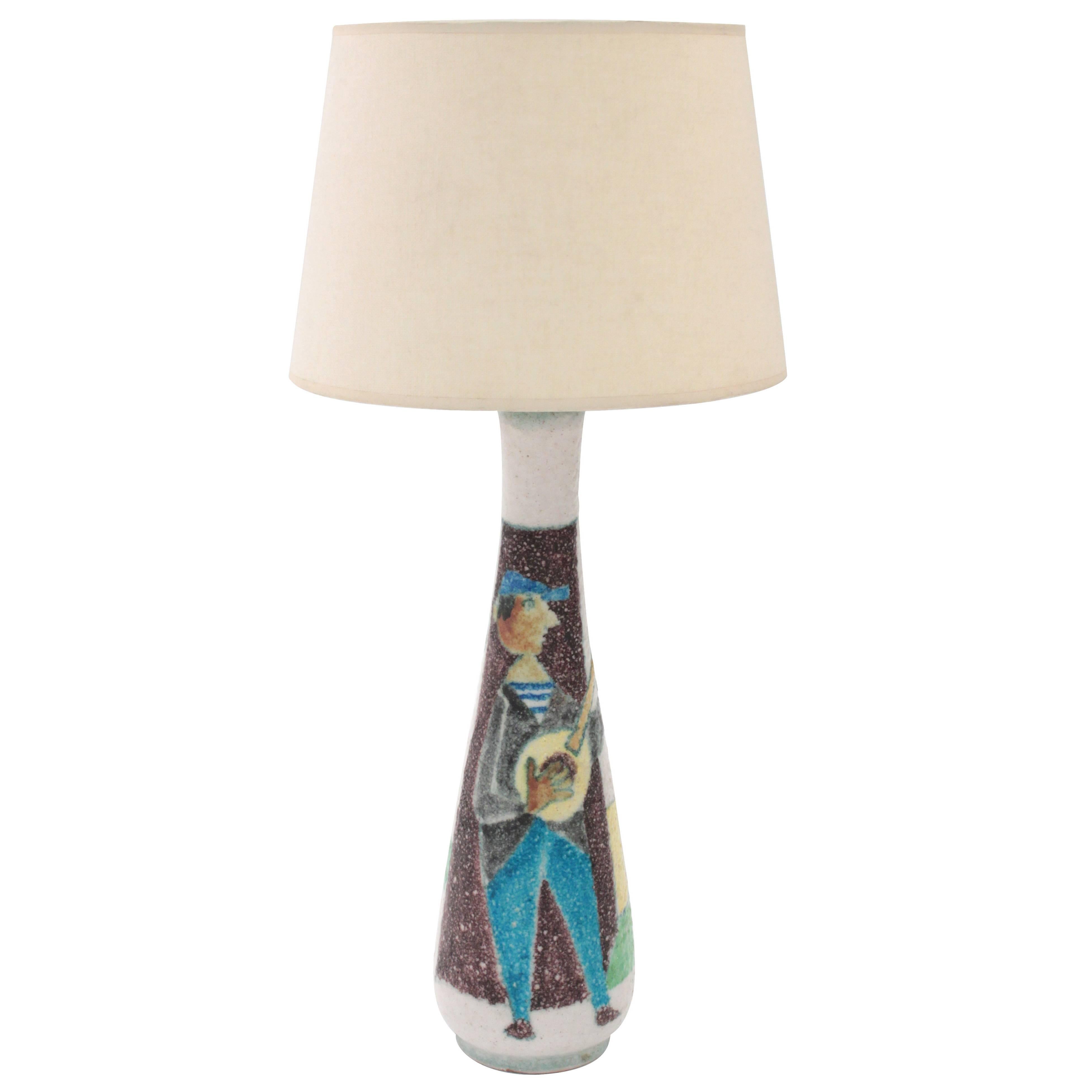 Studio Made Ceramic Table Lamp with Figural Decoration by Guido Gambone