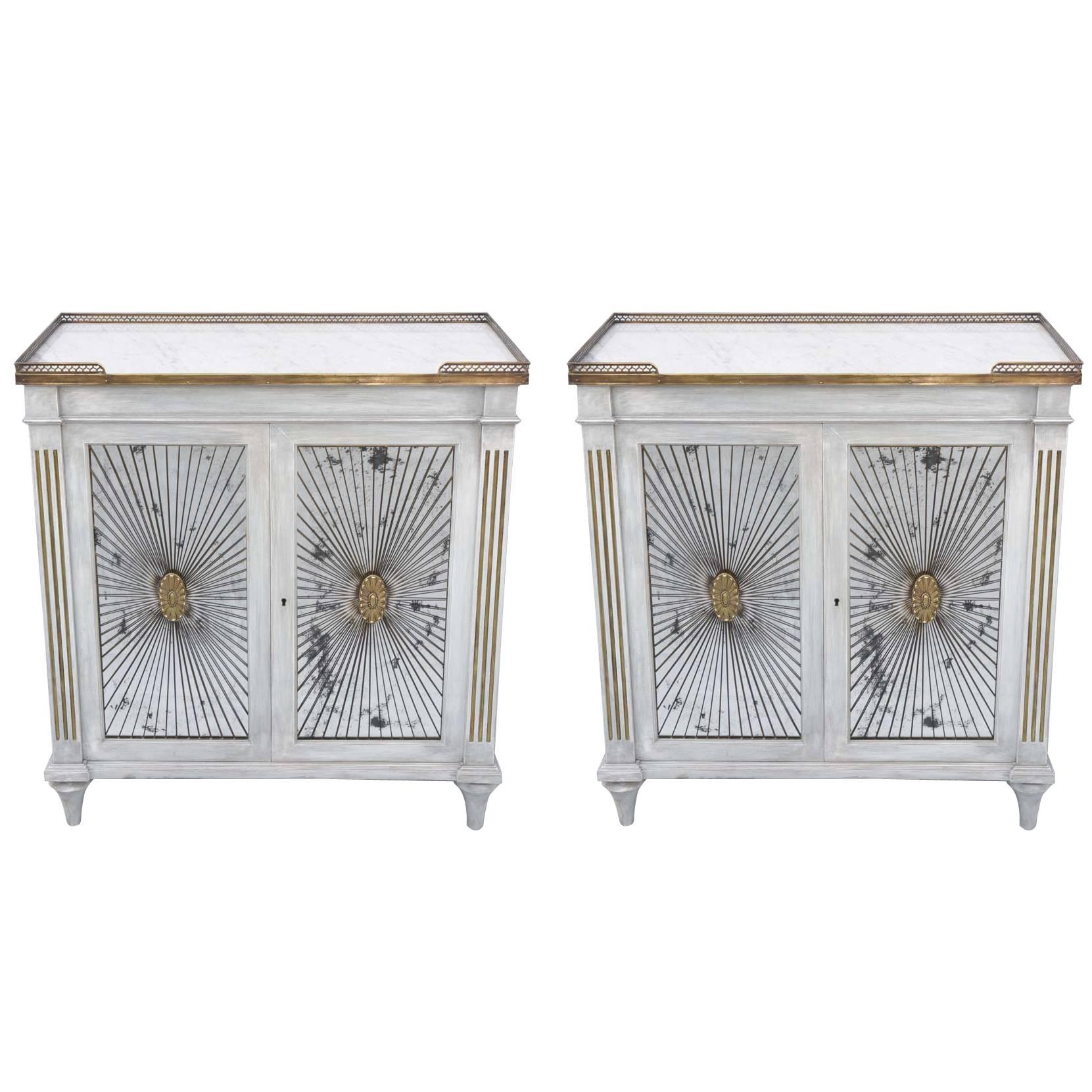 Pair of Painted Credenzas with Mirrored Doors and Marble Tops, circa 1940s