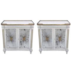 Pair of Painted Credenzas with Mirrored Doors and Marble Tops, circa 1940s  