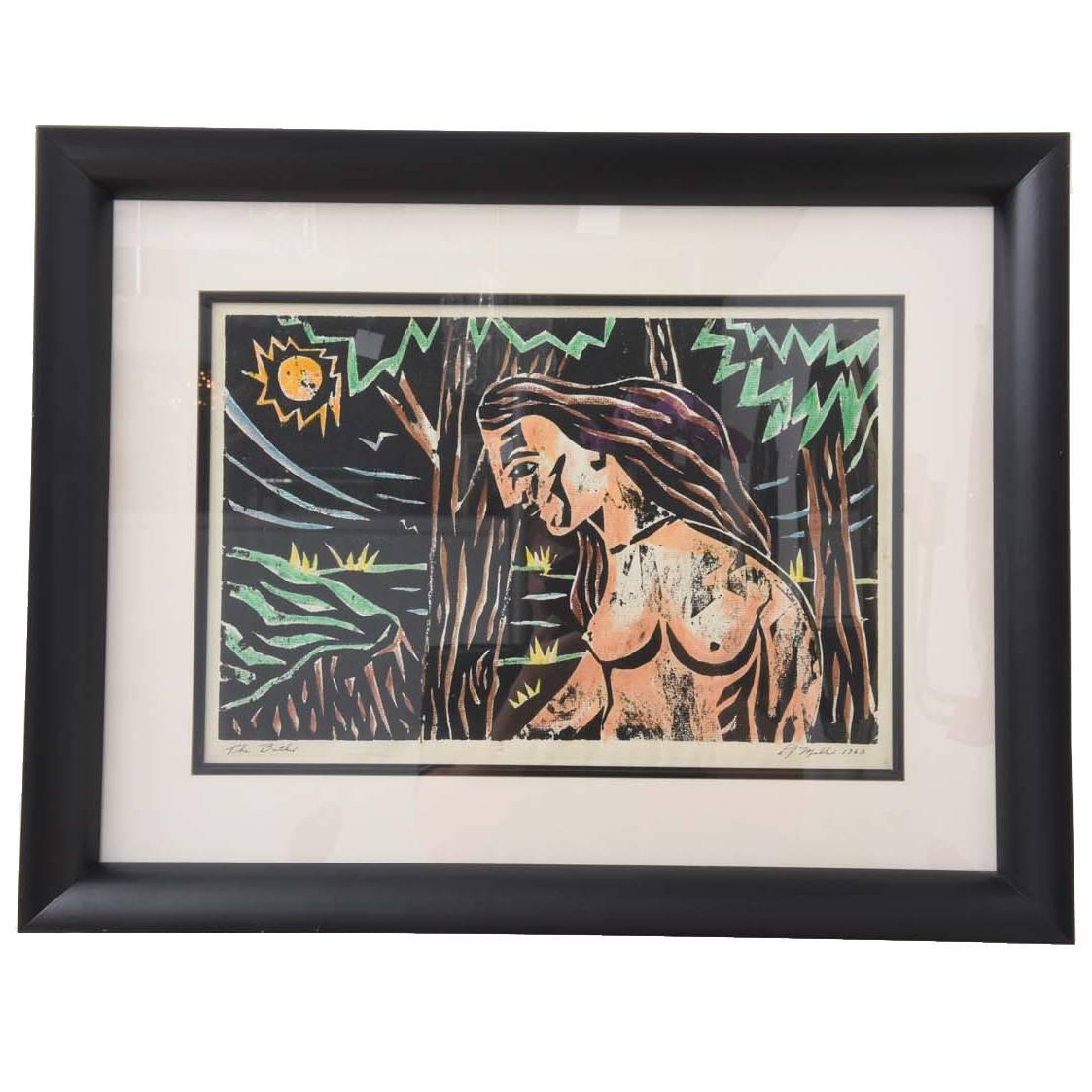 Mid-Century Woodblock Print, "The Bather" by L. J. Miller, 1963