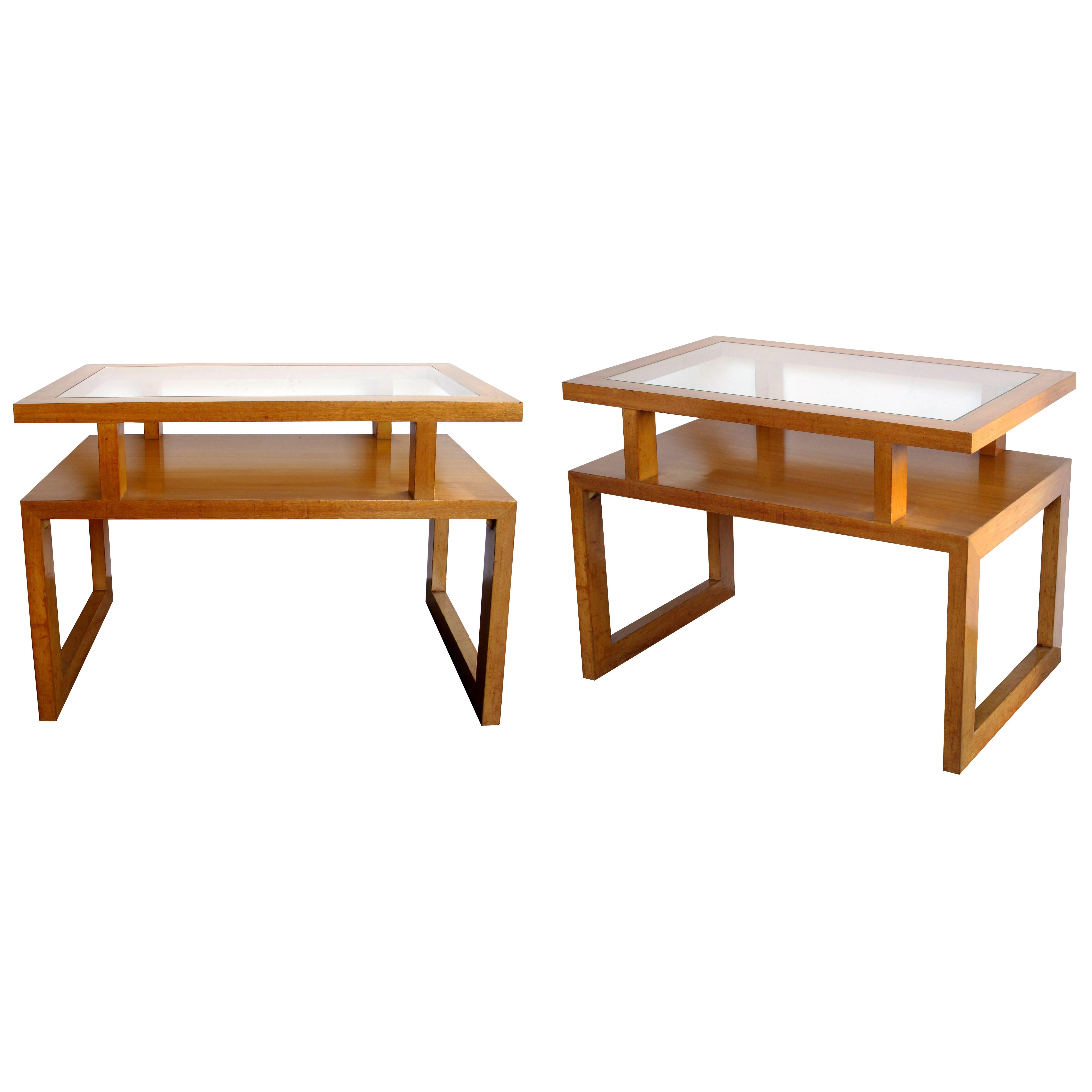 Pair of American 1950s Maple-Wood Rectangular End, Side Tables, Glass Tops