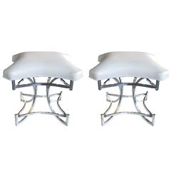 Mod Pair of American 1970s Square-Form Chrome Stools with White Leather Seats 12