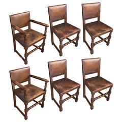 Set of Six Antique English Arts & Crafts Leather Dining Room Chairs