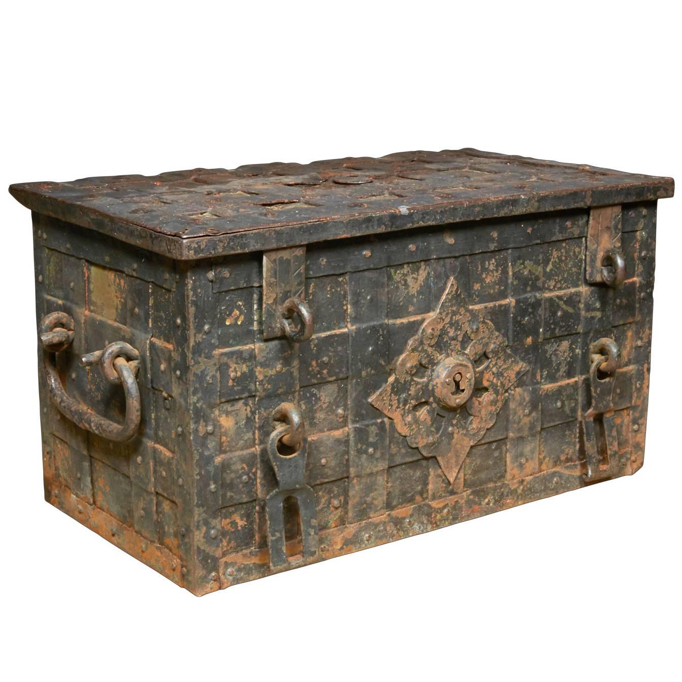17th Century Iron Trunk with Locking Mechanism For Sale