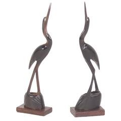 Vintage Pair of Mid-Century Carved Steer Horn Bird Sculptures