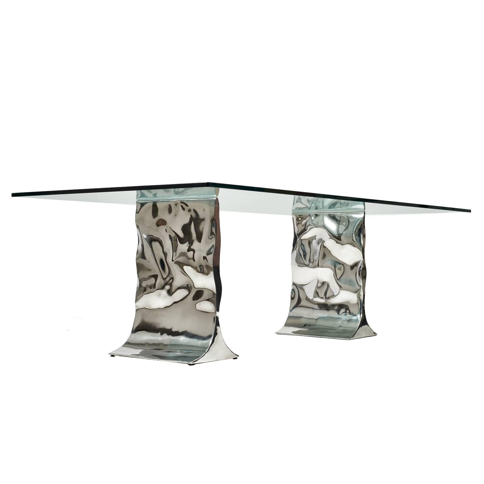 Stunning Polished Metal Silas Seandel Dining Table Signed, circa 1983