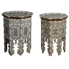 Antique Near Pair of Mother-of-Pearl Bone and Silver Inlaid Tables