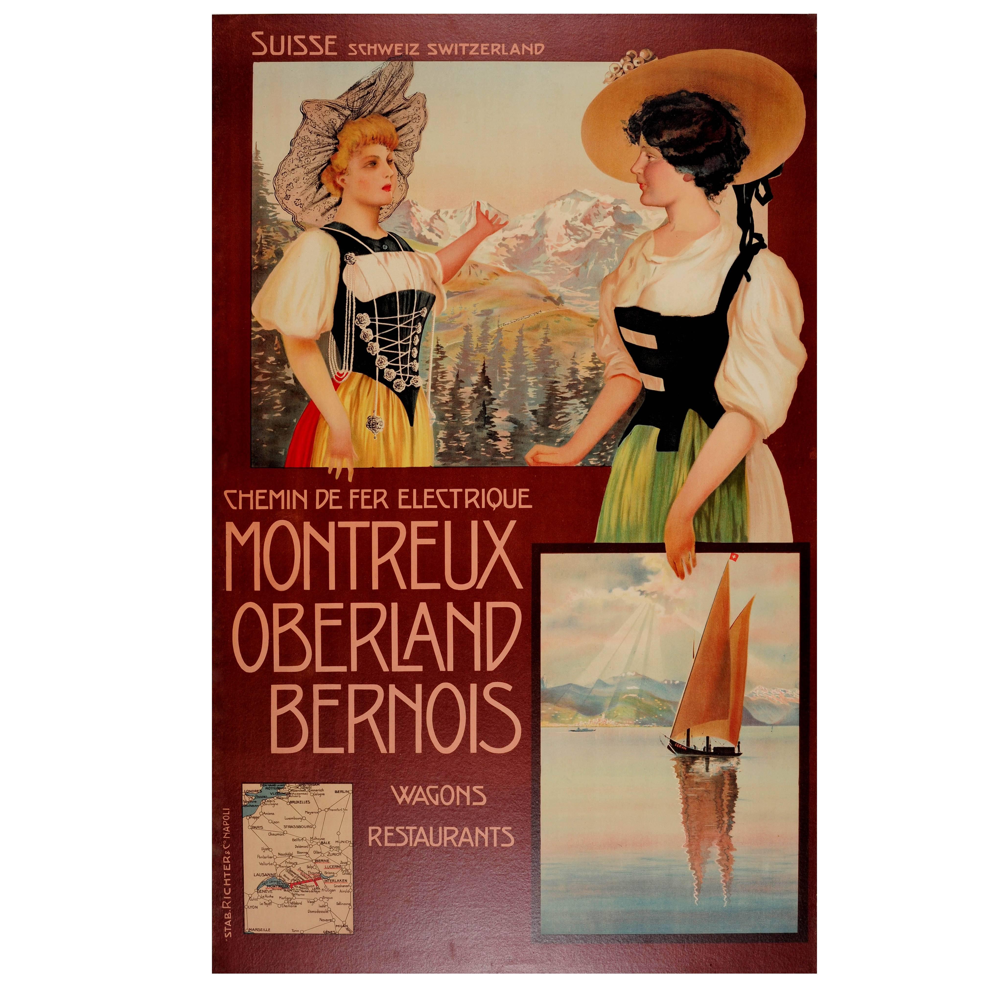 Affiche de voyage originale ancienne Montreux Oberland Bernois Railway MOB Switzerland