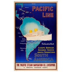 Original Vintage Pacific Line Cruise Ship Poster Sunshine Route to South America