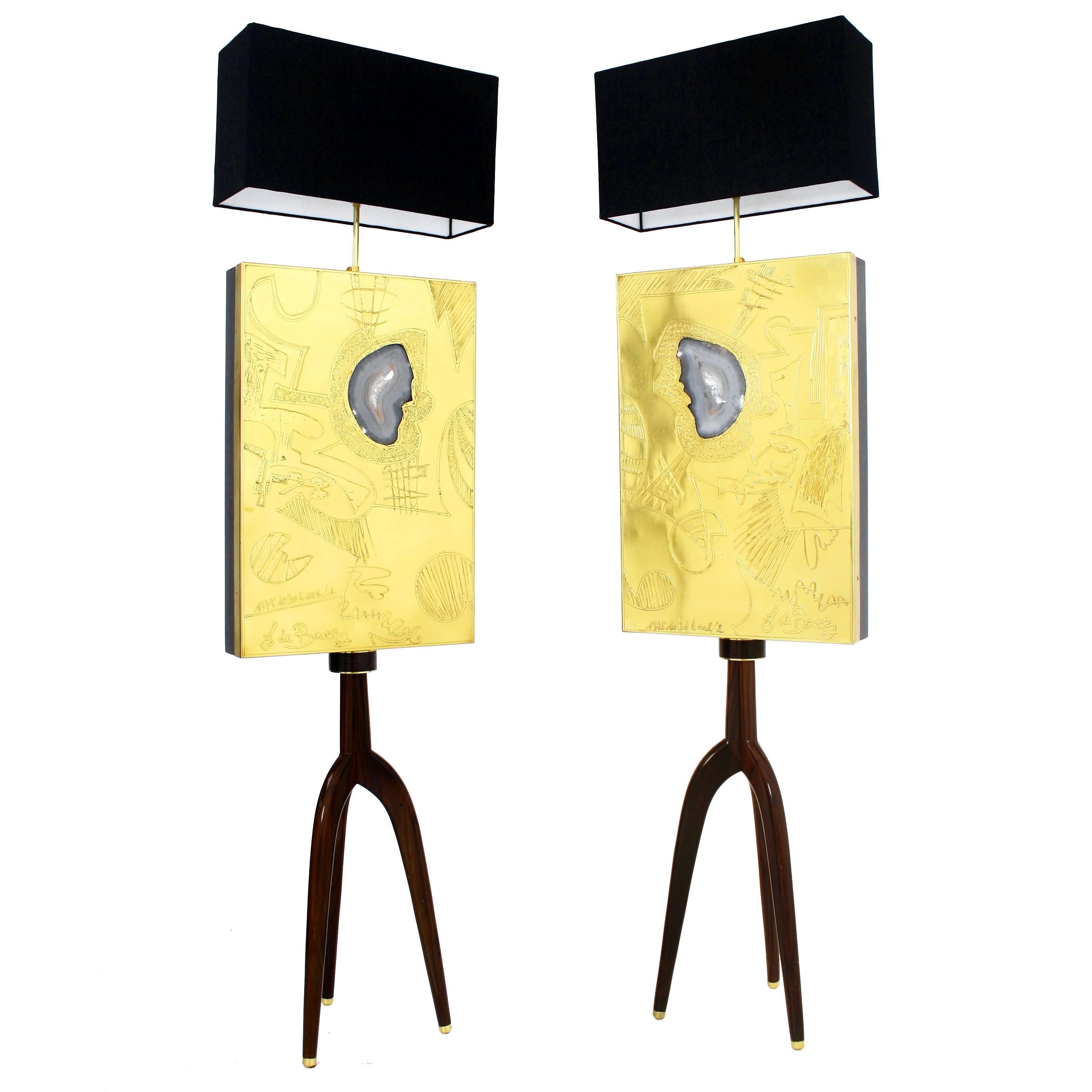 Belgian Tripod Floor Lamps with Etched Brass Abstract Panels and Agate Stones