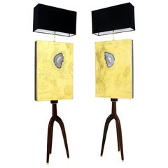 Belgian Tripod Floor Lamps with Etched Brass Abstract Panels and Agate Stones