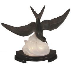 Art Deco Opaline Glass Table Lamp with Flying Bird in Motion by Ezan