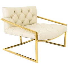 Modern Style Hampton Chair in Tufted Cream Leather w/ Brass Tubing Base