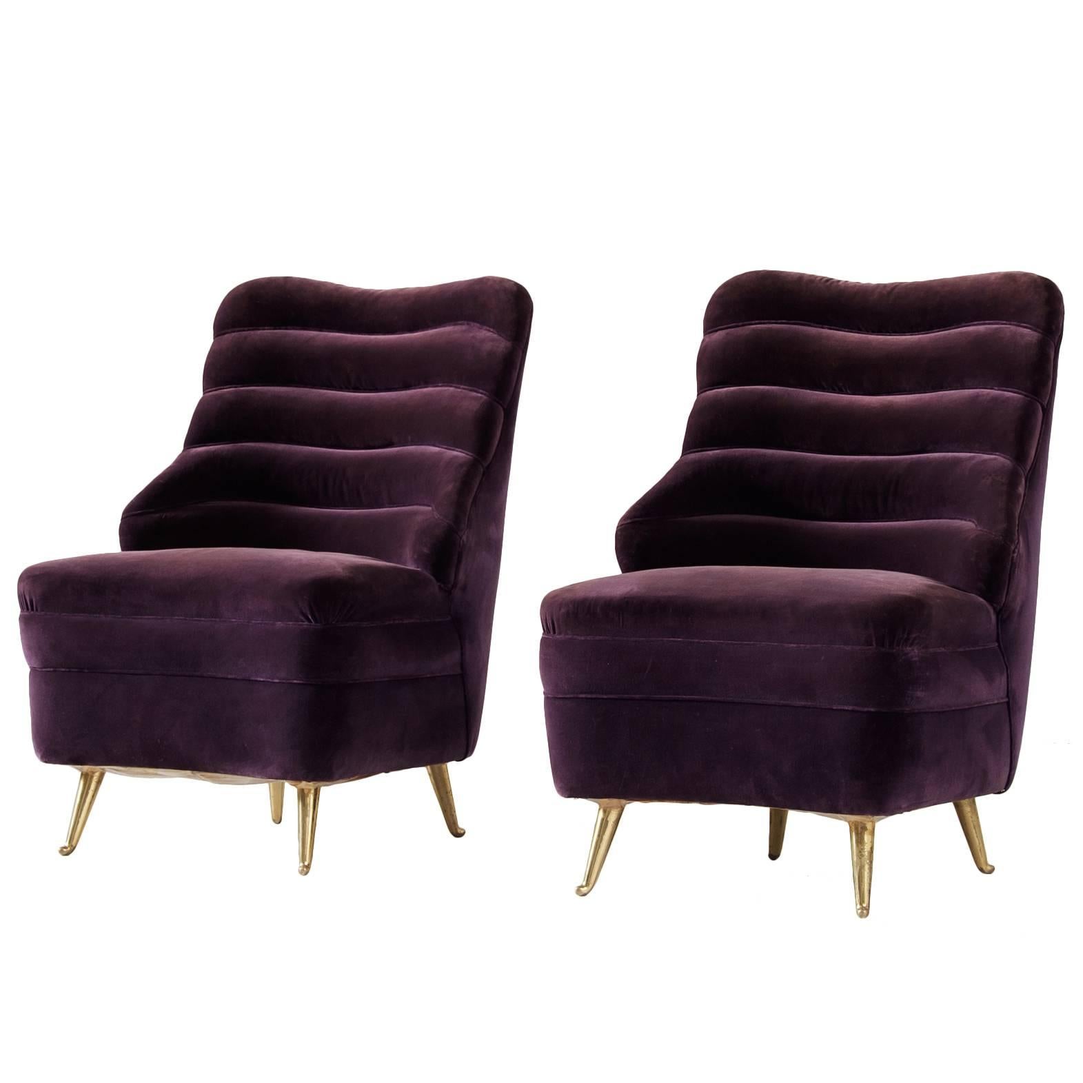 Pair of Italian Purple Velvet Lounge Chairs